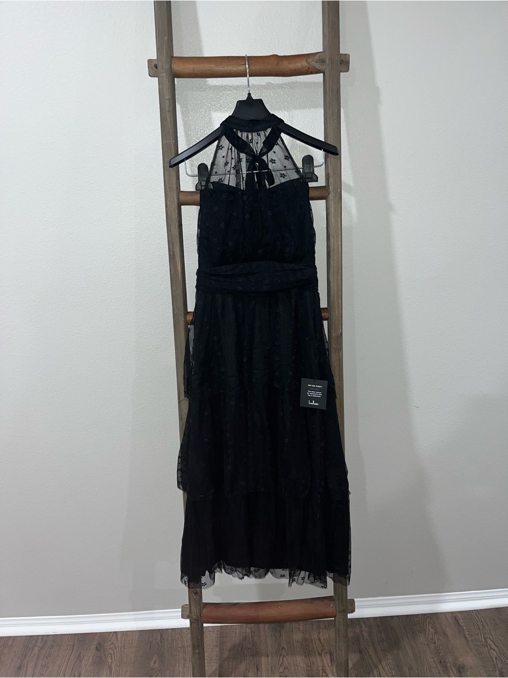 Lulu's Black Lace Halter Midi Dress with Sheer Yoke